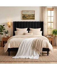 Upholstered Platform Bed Frame With 52 Inch High Vertical Channel Tufted Wingback Headboard Wooden Slat Support No Box Spring Needed