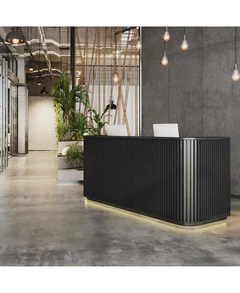 Logicfox 70.8in Curved Reception Desk, Mid Century Front Desk Room Table with Power Outlet and Led Light