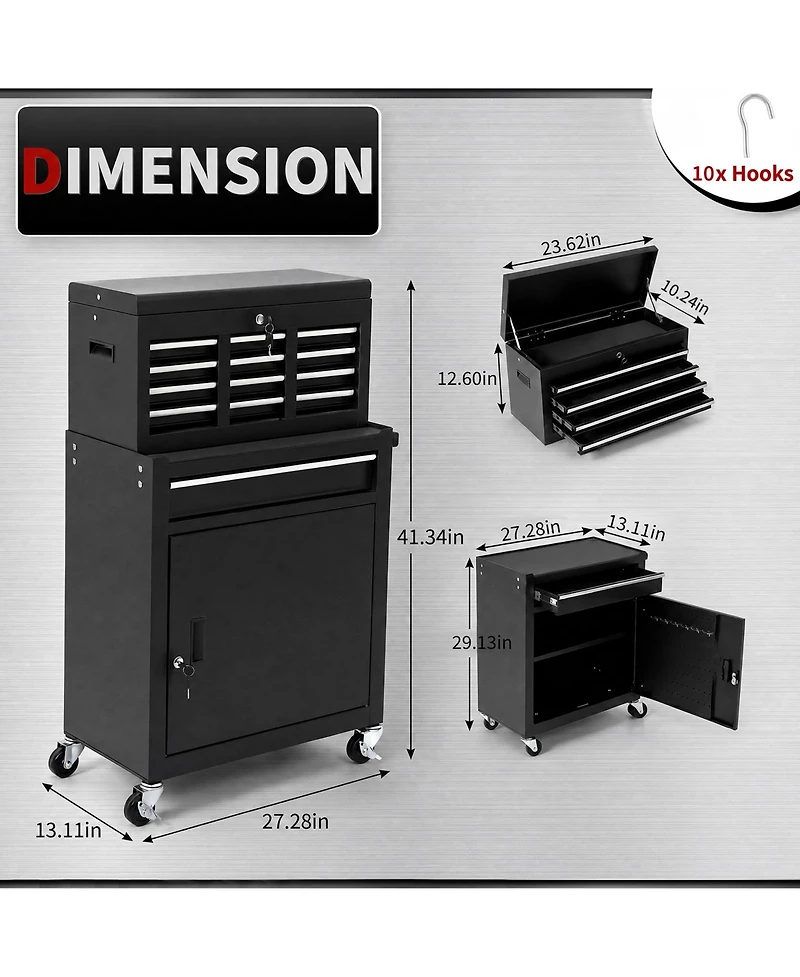 2-in-1 Tool Storage Cabinet: A lockable, -drawer metal tool cart on casters. Features a removable top toolbox, protective lining