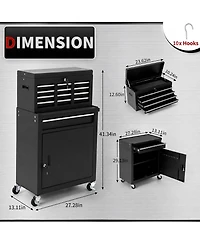 2-in-1 Tool Storage Cabinet: A lockable, -drawer metal tool cart on casters. Features a removable top toolbox, protective lining