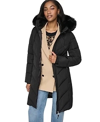 Dkny Women's Walker Length Puffer with Faux Fur Trimmed Hood Coat
