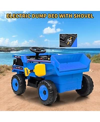 homfan 12V Ride-On Dump Truck, 4-Wheeler Electric Construction Vehicle with Remote Control, Bed, Shovel, Led Lights, Music