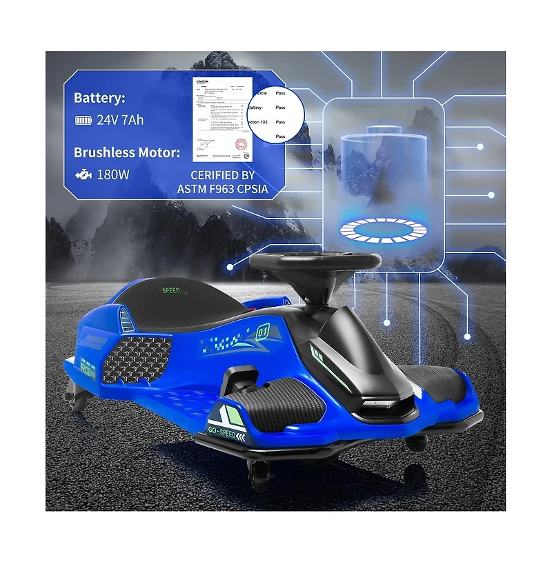 homfan Ride On Drift Kart, 24V Electric Go Kart with 180W Brushless Motors, Up to 7.5 mph Variable Speed Battery Powered Outdoor Ride On Toy for Kids
