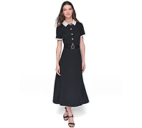 Karl Lagerfeld Paris Women's Belted A-Line Midi Shirt Dress