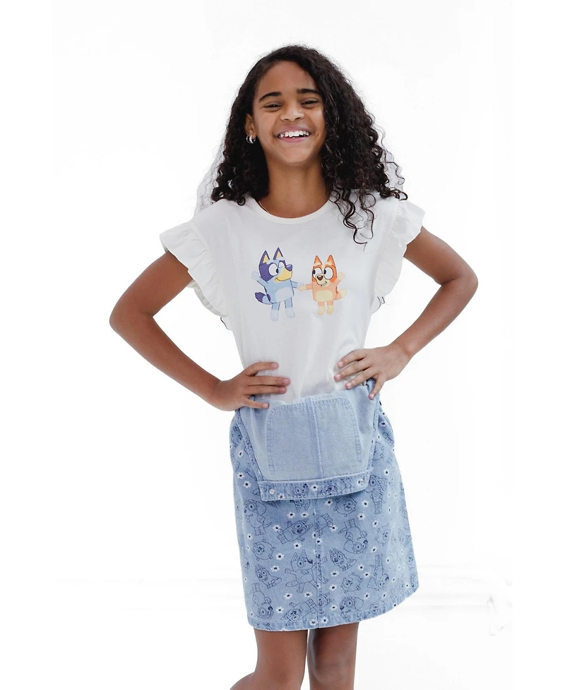 Bluey Girls' 6-12 2-Piece Tee and Denim Overall Dress Set