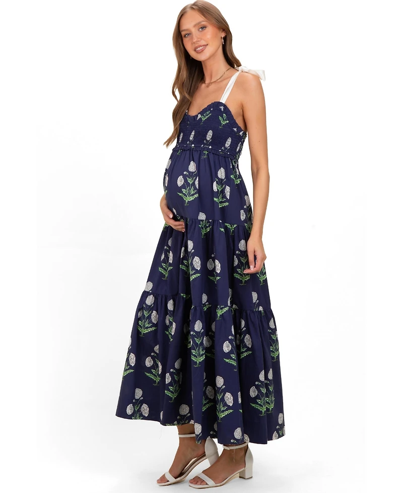 Pinkblush Women's Navy Floral Sweetheart Neckline Smocked Maxi Dress