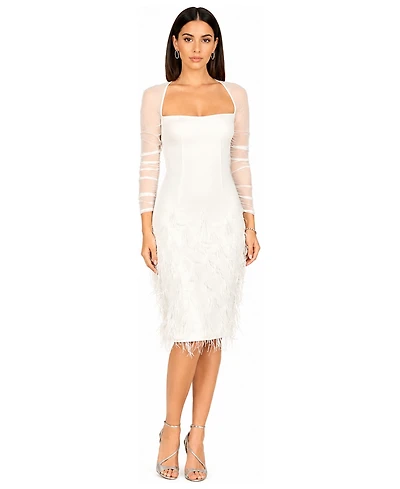 Lara Women's Long Sleeve Bridal Midi Gown with Feathers