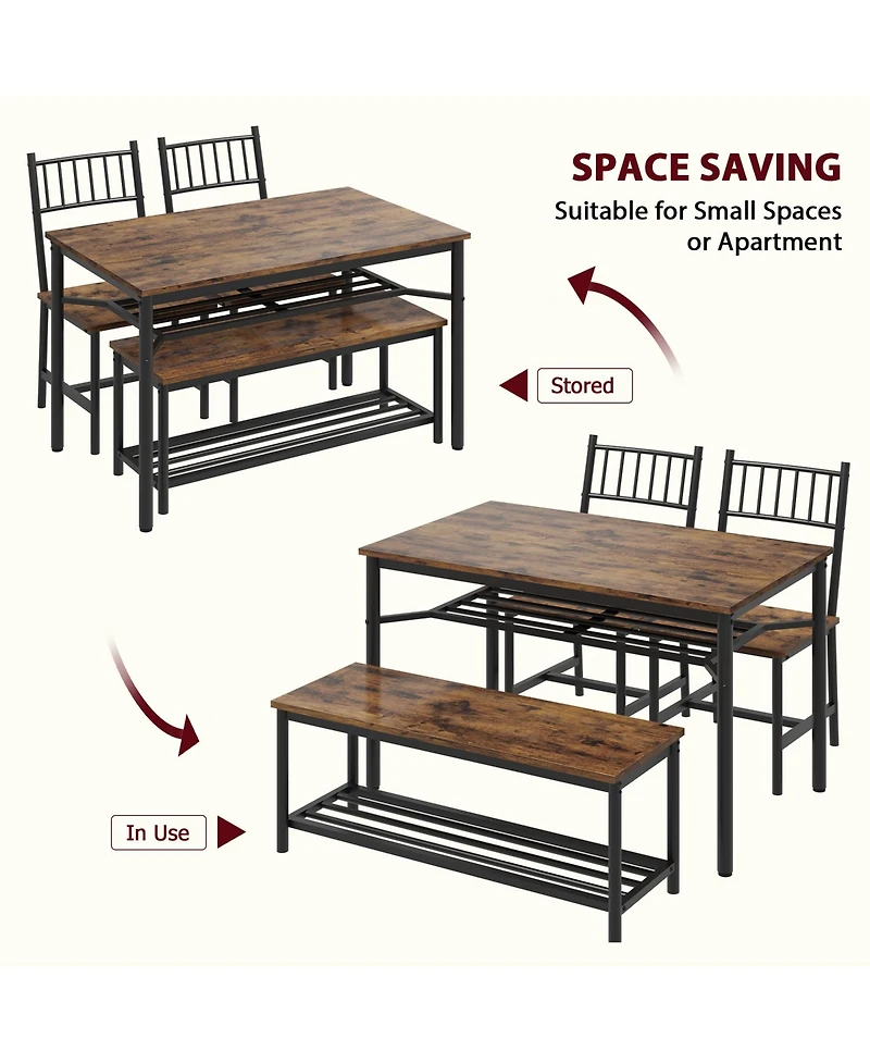 homfan 4-Piece Dining Set Space-Saving Rectangular Table with Chairs, Storage Bench & Wine Rack – Sturdy Metal Frame for Small Spaces