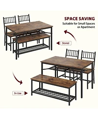 homfan 4-Piece Dining Set Space-Saving Rectangular Table with Chairs, Storage Bench & Wine Rack – Sturdy Metal Frame for Small Spaces