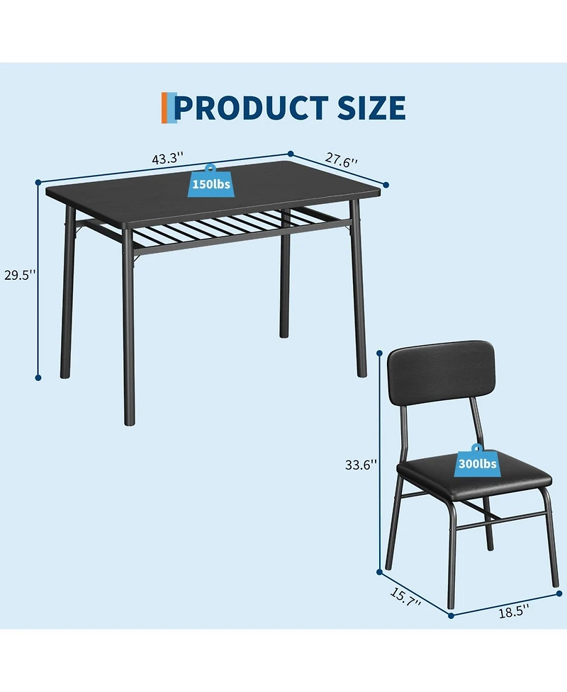 homfan 5-Piece Dining Set with Storage Rack - Modern Wood Table and 4 Upholstered Chairs, Metal Legs