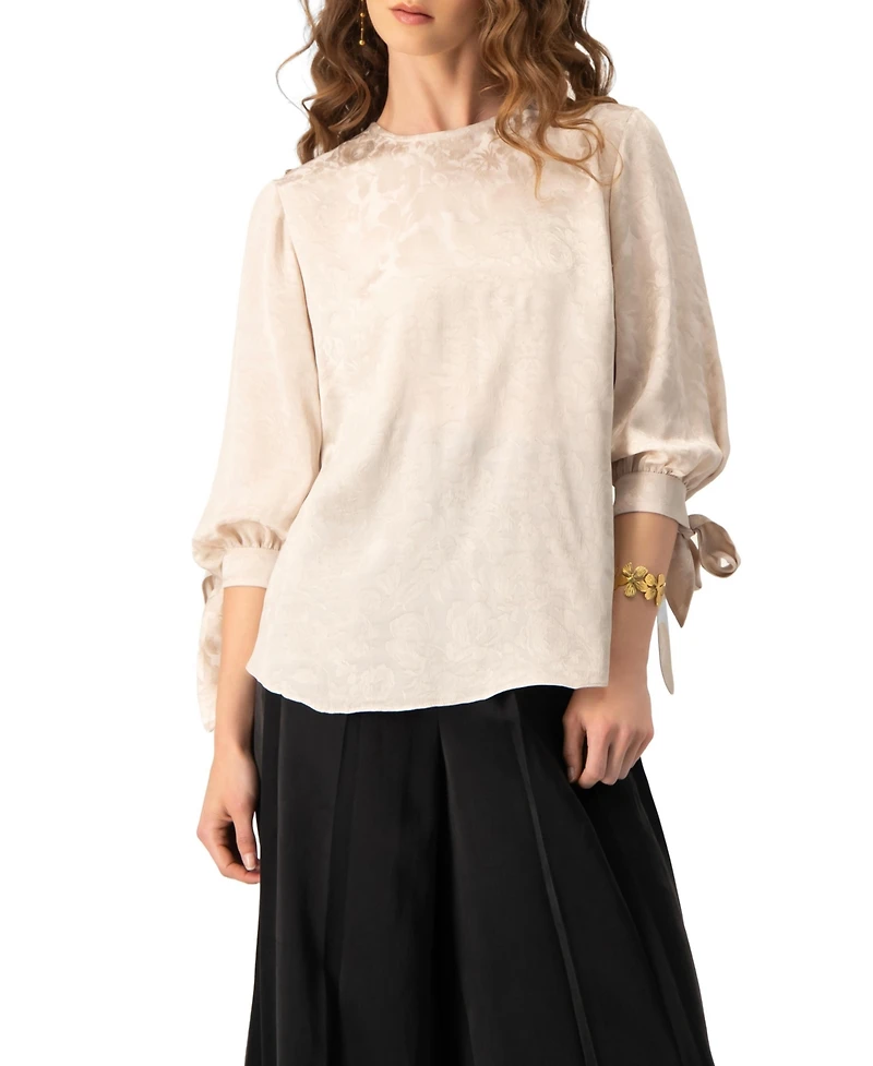 Ivonne Women's Floral Jacquard Tie-Cuff Blouse with Three-Quarter Sleeve