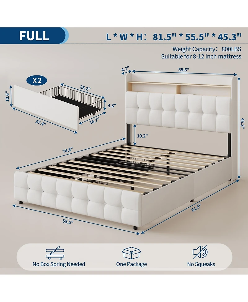 homfan Upholstered Bed Frame with 2 Storage Drawers, Led Headboard, Charging Station, Usb Port and Tufted Headboard