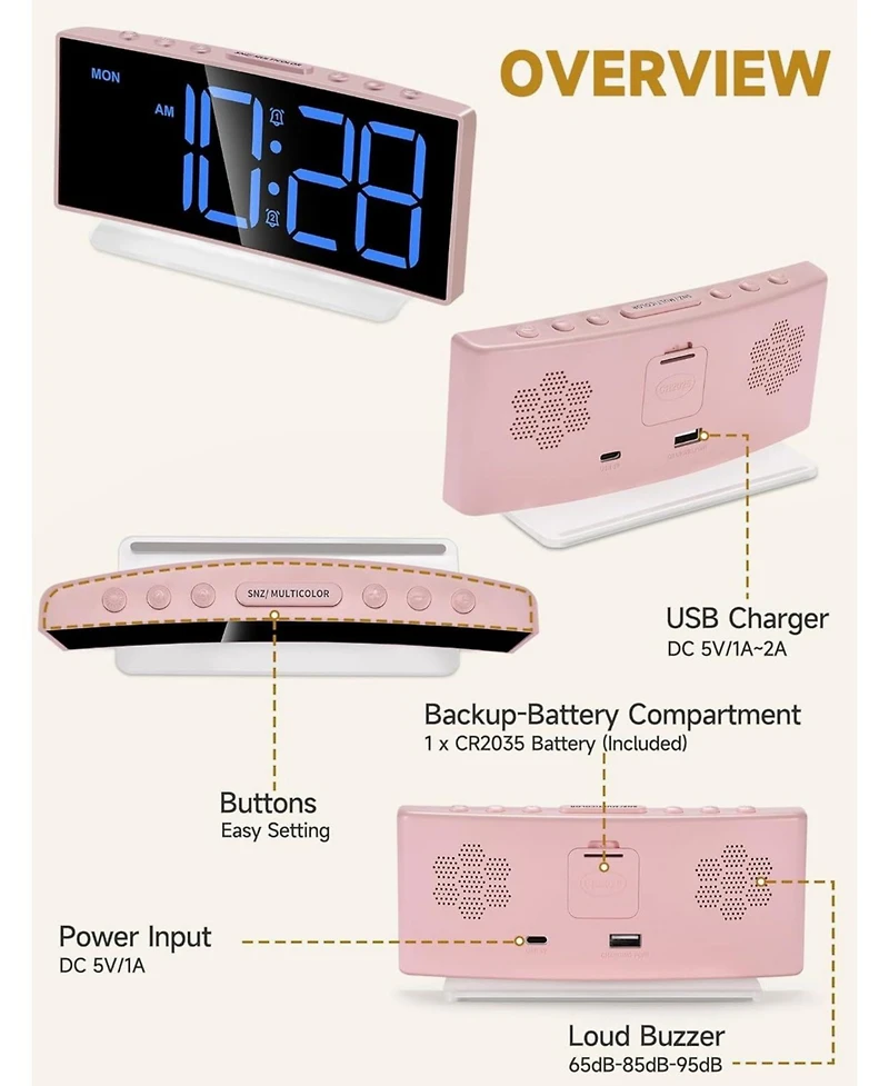 Neewer Modern Curved Cute Digital Alarm Clock,Colorful Led Display,Adjustable Volume,Weekday/Weekend Mode,Simple Clock for Bedroom