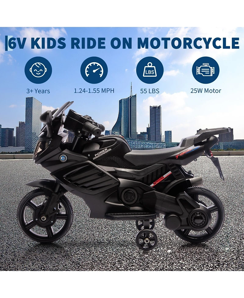 homfan 6V Battery Powered Ride-On Motorcycle Toy, 3-Wheel Stable Design, Training Wheels, Headlight, Horn and Music, Realistic Motorbike, Outdoor Play