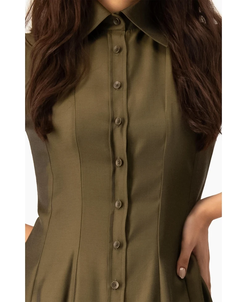 Ivonne Women's Short Sleeve Midi Dress with Button-Front Fit-and-Flare Shirtdres