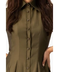 Ivonne Women's Short Sleeve Midi Dress with Button-Front Fit-and-Flare Shirtdres