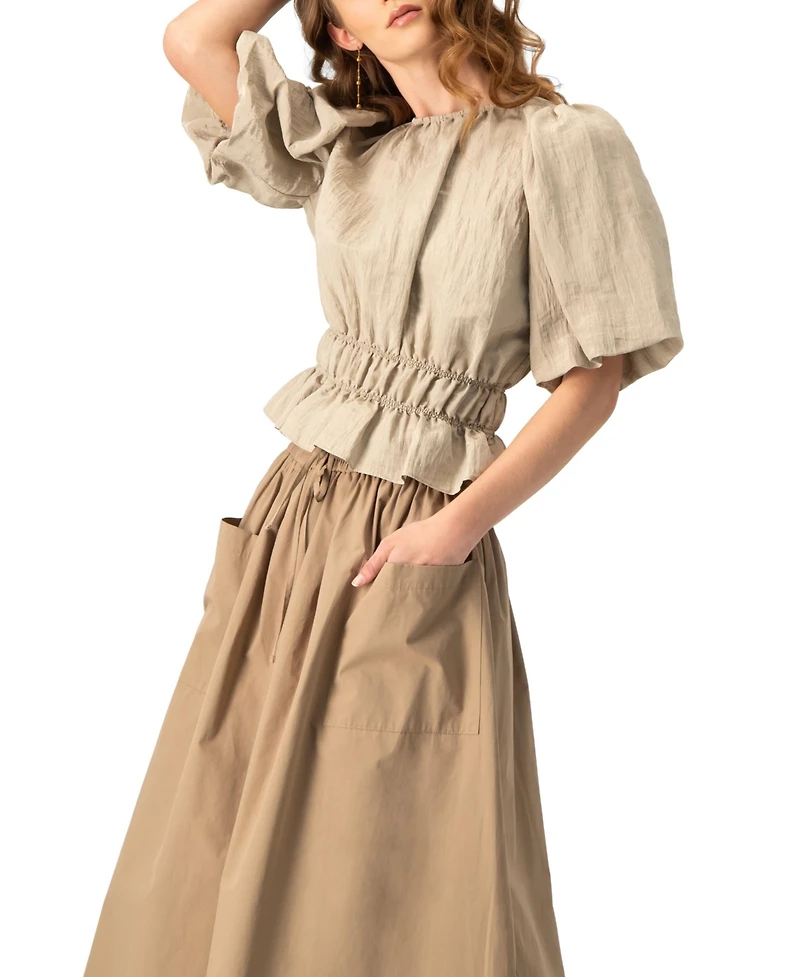 Ivonne Women's Puff Sleeve Peplum, Cinched Waist Crinkle Blouse