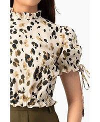 Ivonne Women's Abstract Animal Print Crop Blouse, Puff Sleeve Ruffle Neck Top