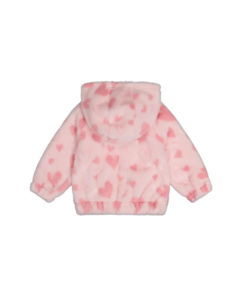 Deux par Baby Girl (12M - 24M) Hooded Full Zip Faux Fur Jacket Printed with Hearts