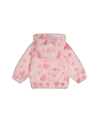 Deux par Baby Girl (12M - 24M) Hooded Full Zip Faux Fur Jacket Printed with Hearts