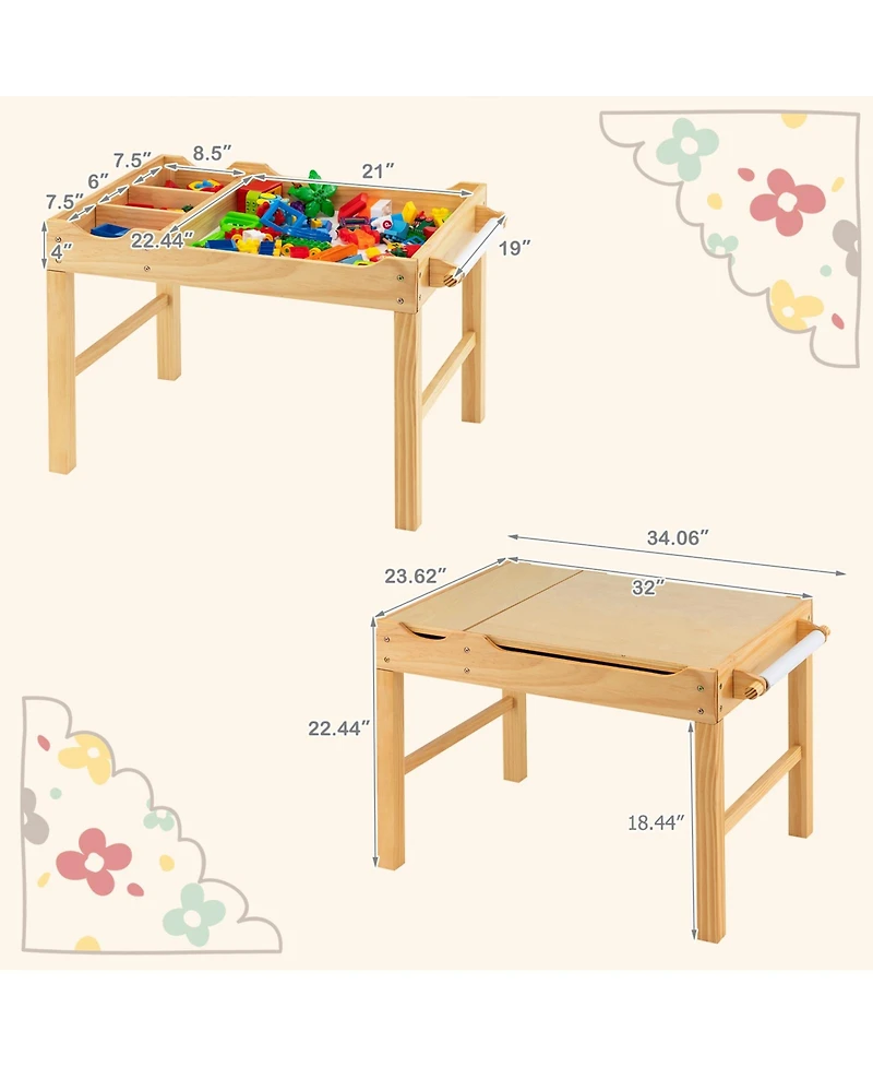 Kids Multi Activity Play Table Wooden Building Block Desk with Storage Paper Roll