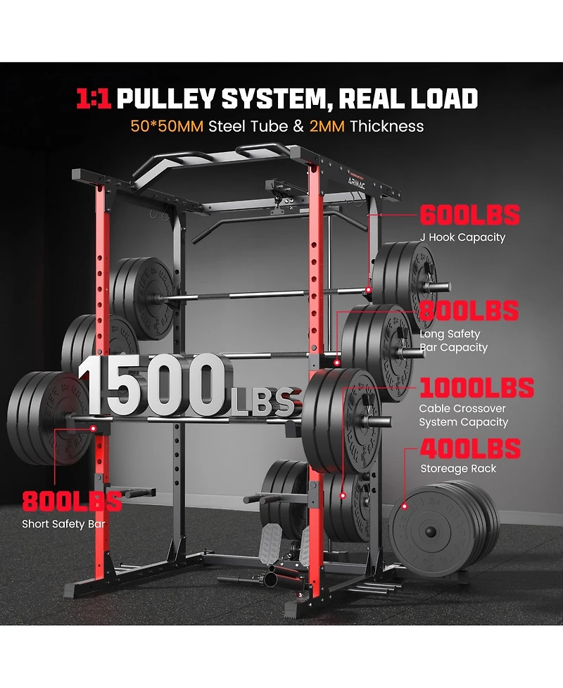 Fed Fitness Power Cage, 1500LB Power Rack with Lat Pulldown Cable System, Squat Rack & Training Attachments for Home Gym