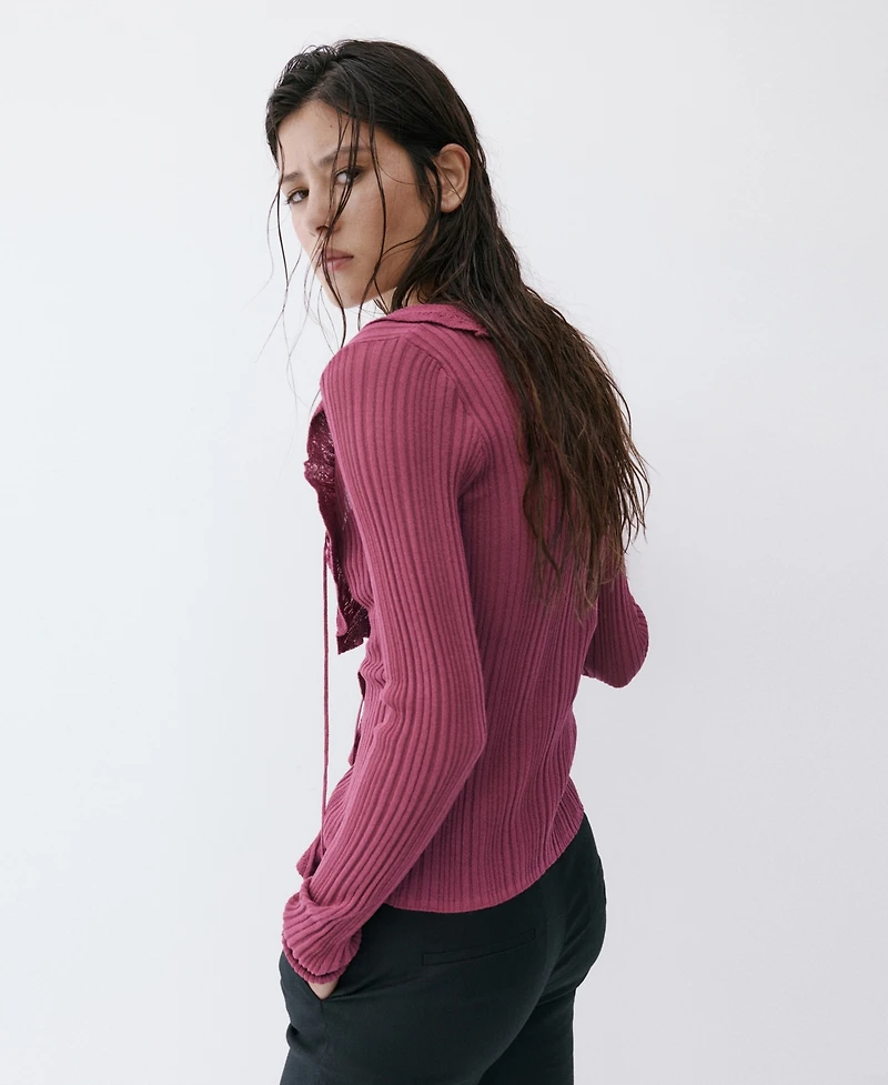 Mango Women's Ruffled Detail Textured Knit Cardigan sweater
