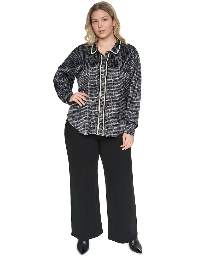 Karl Lagerfeld Paris Plus Tweed Print Collared Long-Sleeve Top