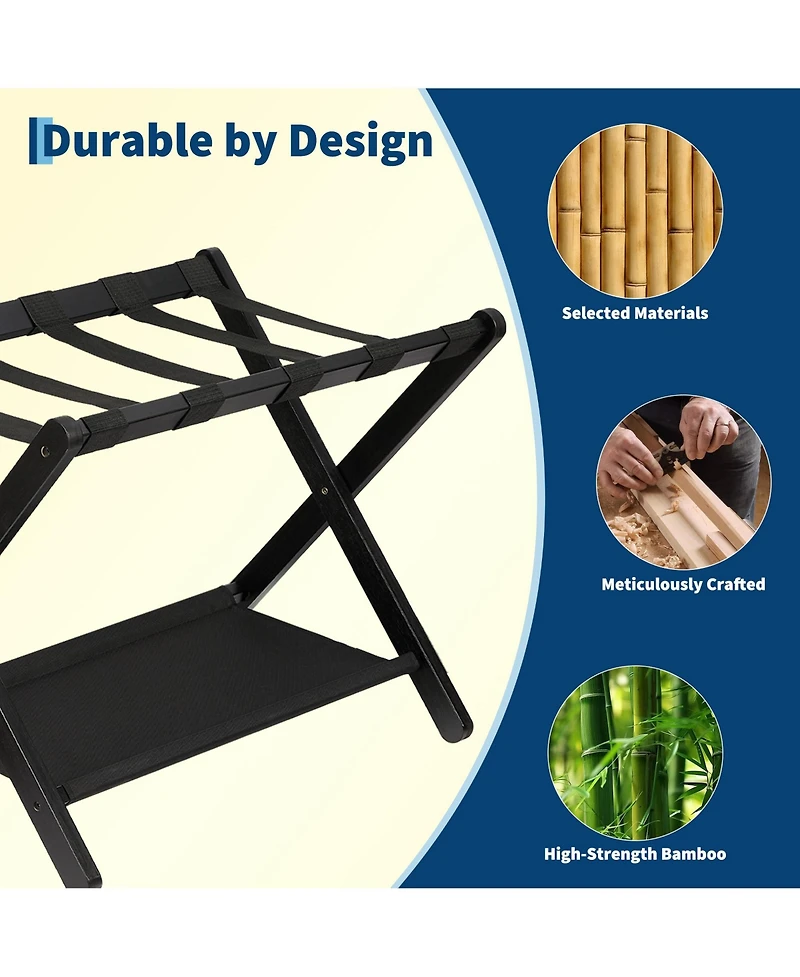 2 Tier Bamboo Shelf, 20 Inch Standing Storage Rack with 150 Lb Capacity for Bedroom, Guest Room, Hotel