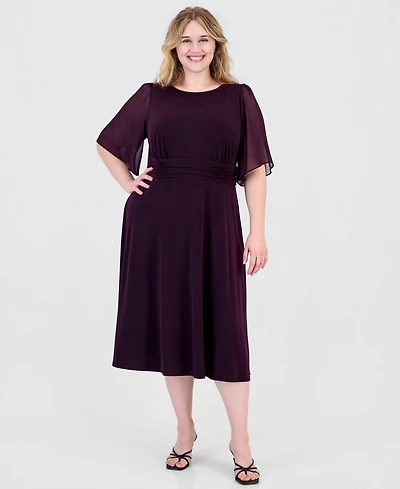 Connected Plus Round-Neck Chiffon-Sleeve Dress