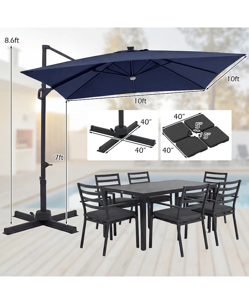 Gymax 10 Feet Cantilever Outdoor Umbrella with 32 Solar Led Lights and 220 Lbs Base