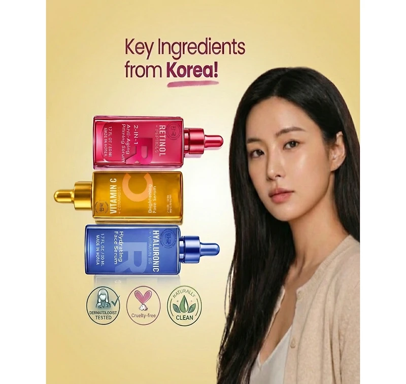 Lovery Korean Skincare Serum Set - Vitamin C, Retinol and Hyaluronic Acid Trio Face Serums