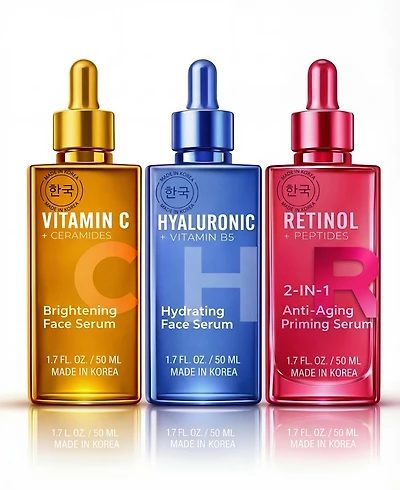 Lovery Korean Skincare Serum Set - Vitamin C, Retinol and Hyaluronic Acid Trio Face Serums