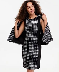 Kasper Womens Check Print Open Seamed Jacket Crewneck Sleeveless Sheath Dress