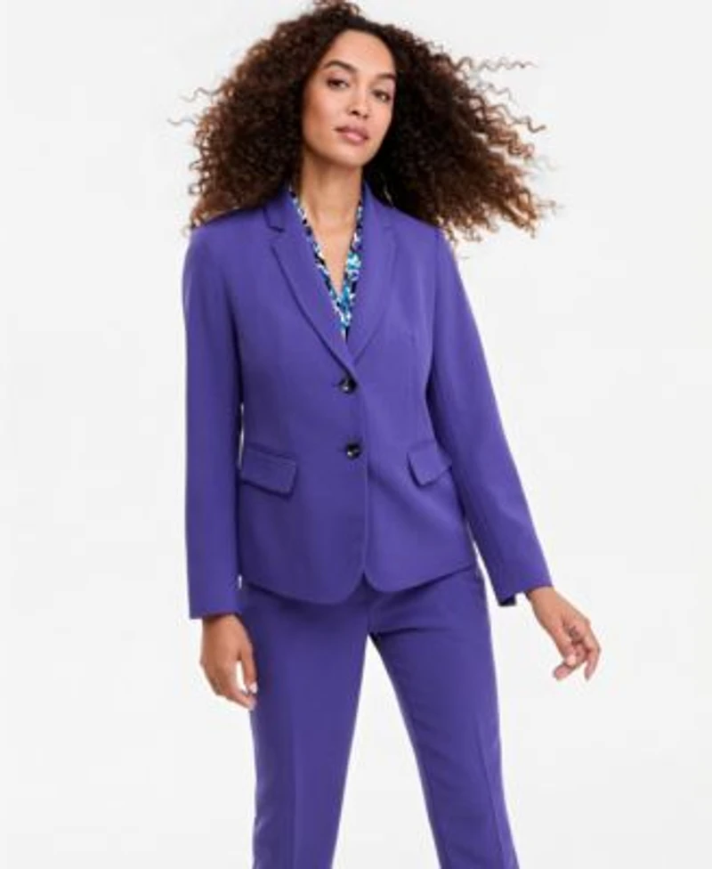Kasper Womens Notch Collar Button Front Jacket Printed Funnel Neck Extended Shoulder Top Ava Mid Rise Straight Leg Crepe Pants