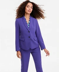 Kasper Womens Notch Collar Button Front Jacket Printed Funnel Neck Extended Shoulder Top Ava Mid Rise Straight Leg Crepe Pants