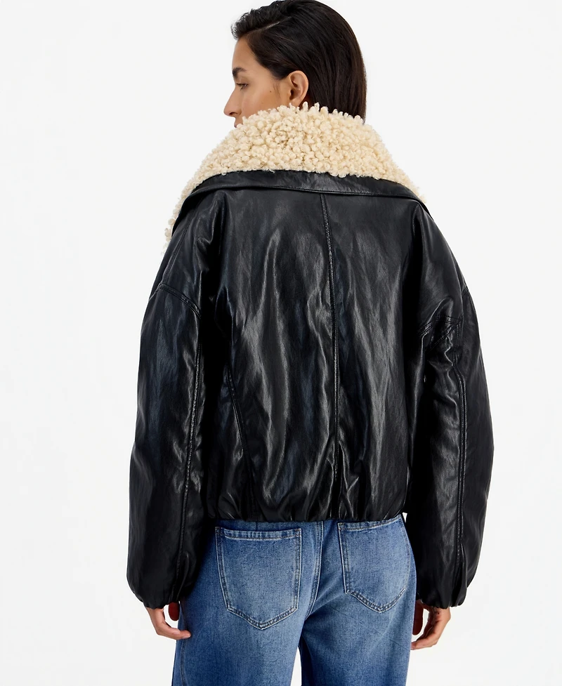 And Now This Women's Sherpa-Lined Faux Leather Moto Bomber Jacket, Macy's Exclusive