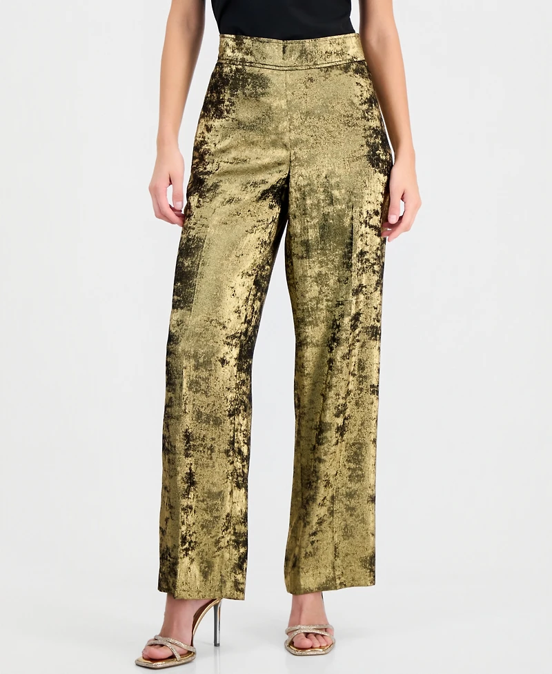 Anne Klein Women's Metallic Foil-Crepe High-Rise Wide-Leg Pants
