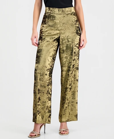 Anne Klein Women's Metallic Foil-Crepe High-Rise Wide-Leg Pants