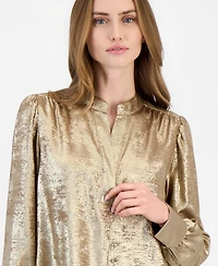 Anne Klein Women's Shimmer Pleat-Front Long-Sleeve V-Neck Blouse