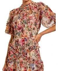 Mac Duggal Women's Floral Flutter Sleeve Mesh Print Dress