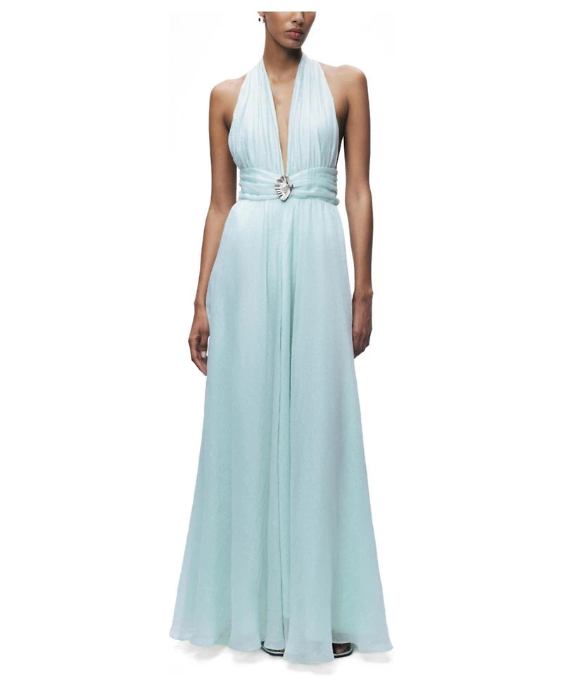Nocturne Women's Pleated Halterneck Maxi Dress with Brooch Detail