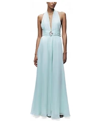 Nocturne Women's Pleated Halterneck Maxi Dress with Brooch Detail