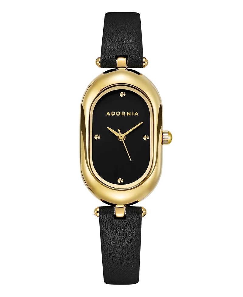 Adornia Women's Gold Milan Black Leather Band and Black Face Watch