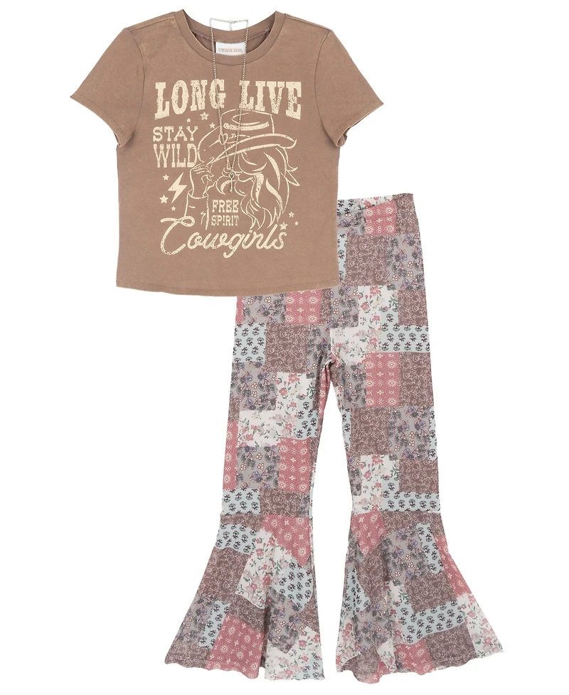 Tween Diva Girls' 7-12 Acid Wash Graphic T-Shirt and Patchwork Print Pants, 2-Piece Set