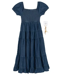 Rare Editions Girls' 7-14 Chambray Puff Sleeve Tiered Midi Dress with Keychain