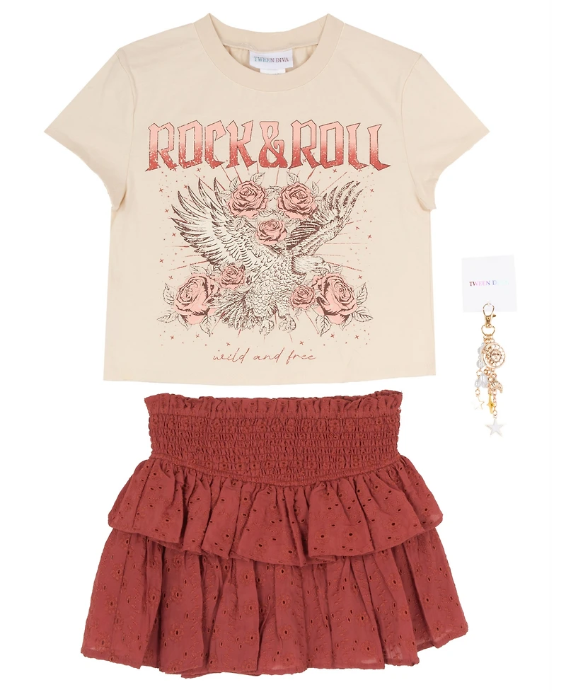 Tween Diva Girls' 7-12 Rock and Roll Graphic T-Shirt Eyelet Tiered Skort, 2-Piece Set