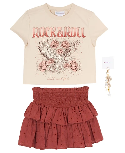 Tween Diva Girls' 7-12 Rock and Roll Graphic T-Shirt Eyelet Tiered Skort, 2-Piece Set
