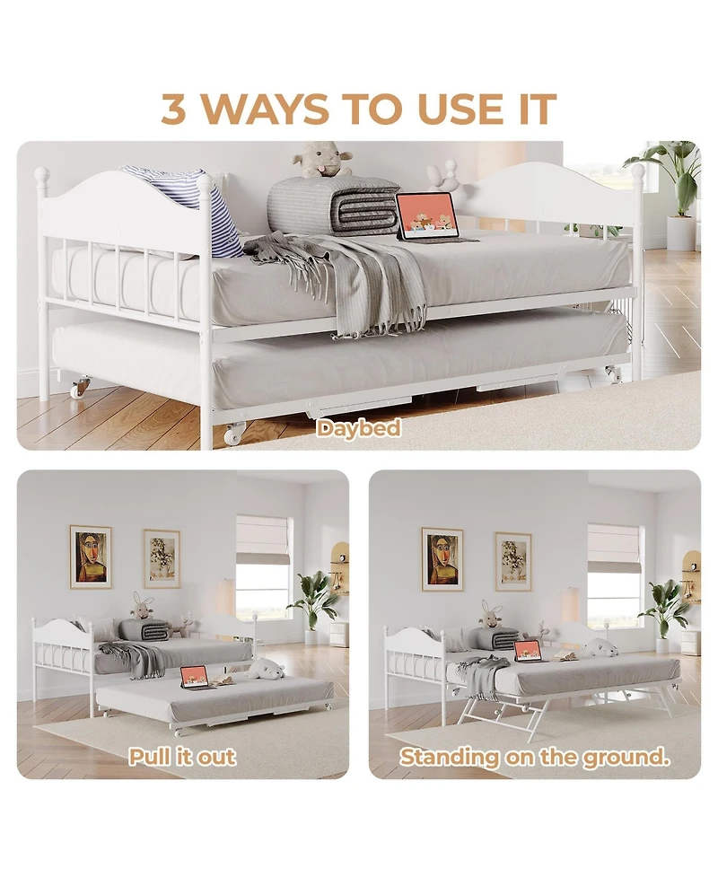 homfan Daybed with Pop-Up Trundle, Metal Sofa Bed Frame with Headboard, Locking Casters, Steel Slats, No Box Spring Needed
