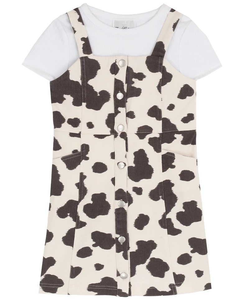 Rare Editions Girls' 2T-6X Cow Print Twill Jumper and T-Shirt, 2-Piece Set